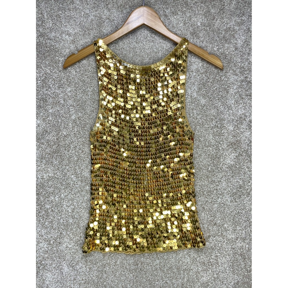 Parisline Gold Sequin Knit Tank Top Womens Small Metallic 90s Style Disco Glam